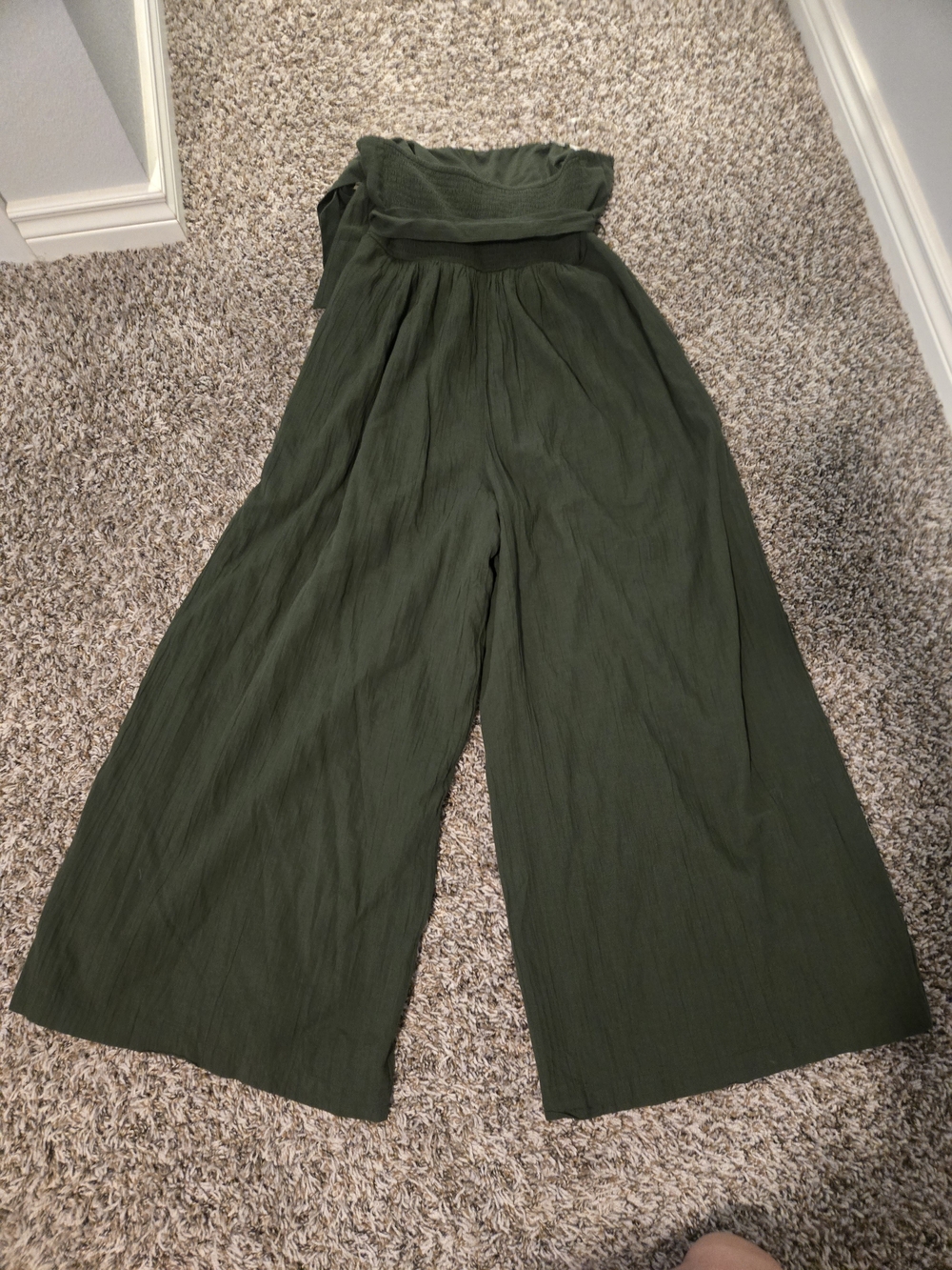 American Eagle Outfitters Olive Green Strapless Wide-Leg Jumpsuit with Tie Waist - Picture 2 of 3